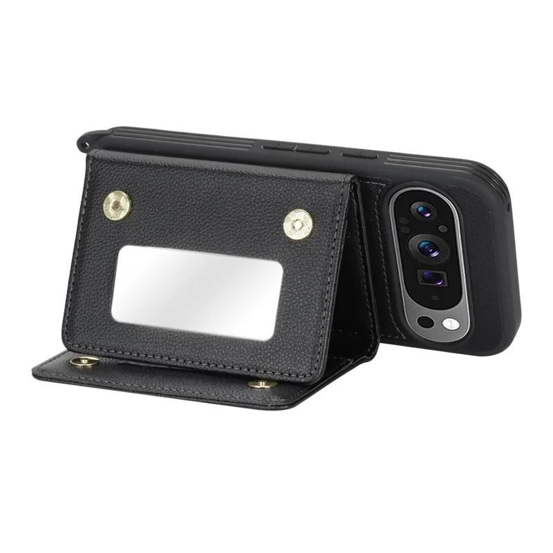 Phone Case For Google Pixel 10  /  10 Pro with Lanyard   /   Mirror   /   Card Holder Grids Pattern RFID Blocking Phone Cover - Black