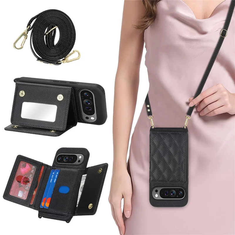 Phone Case For Google Pixel 10  /  10 Pro with Lanyard   /   Mirror   /   Card Holder Grids Pattern RFID Blocking Phone Cover - Black