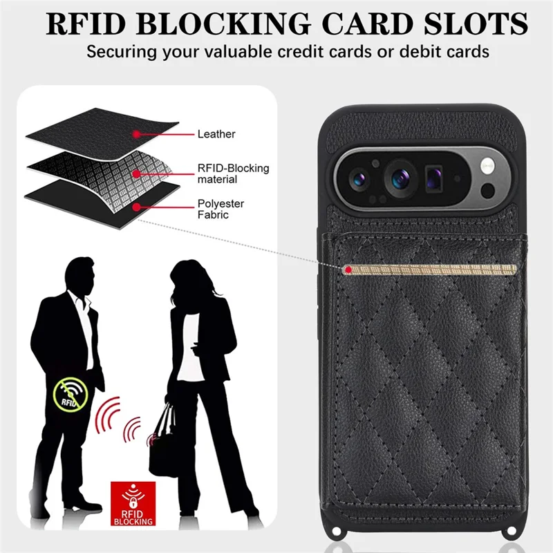 Phone Case For Google Pixel 10  /  10 Pro with Lanyard   /   Mirror   /   Card Holder Grids Pattern RFID Blocking Phone Cover - Black