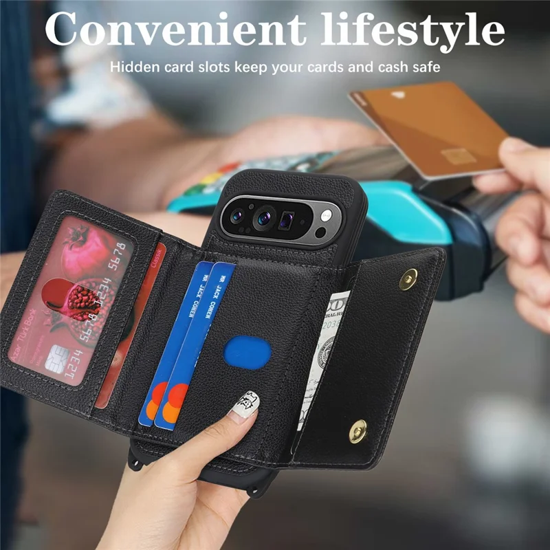 Phone Case For Google Pixel 10  /  10 Pro with Lanyard   /   Mirror   /   Card Holder Grids Pattern RFID Blocking Phone Cover - Black