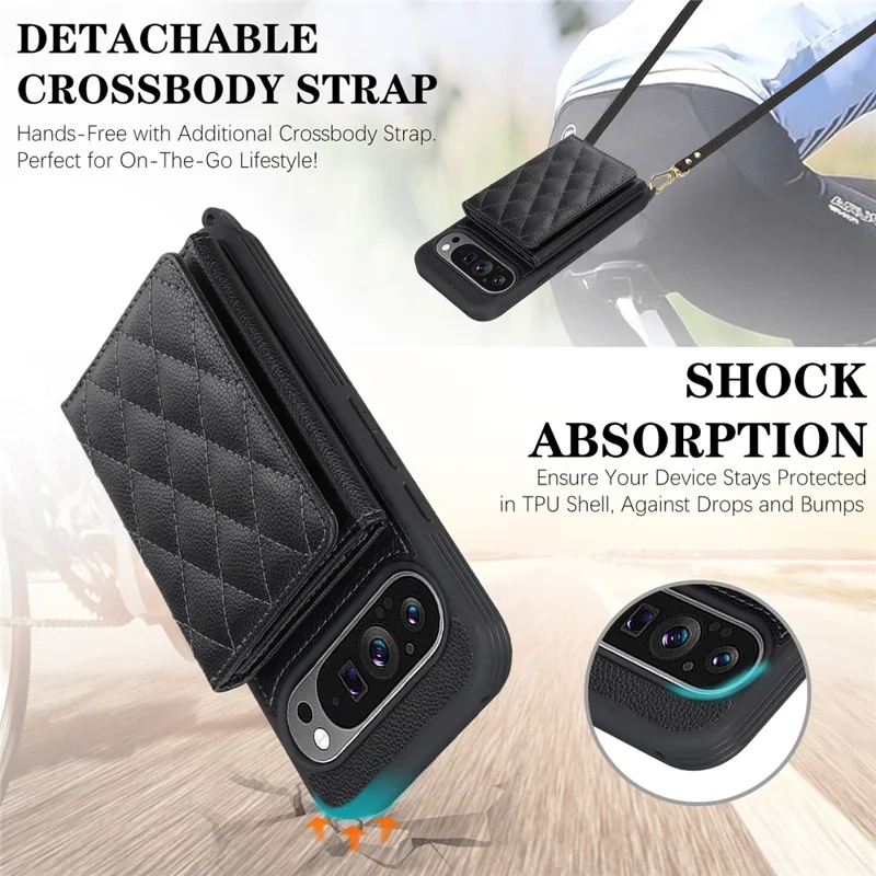 Phone Case For Google Pixel 10  /  10 Pro with Lanyard   /   Mirror   /   Card Holder Grids Pattern RFID Blocking Phone Cover - Black