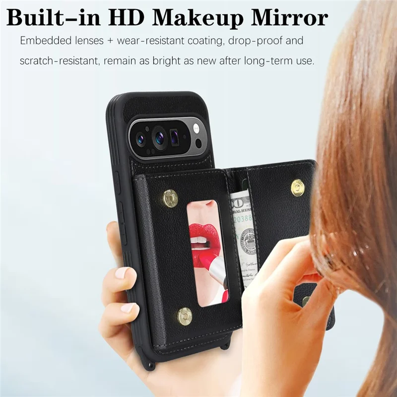 Phone Case For Google Pixel 10  /  10 Pro with Lanyard   /   Mirror   /   Card Holder Grids Pattern RFID Blocking Phone Cover - Black