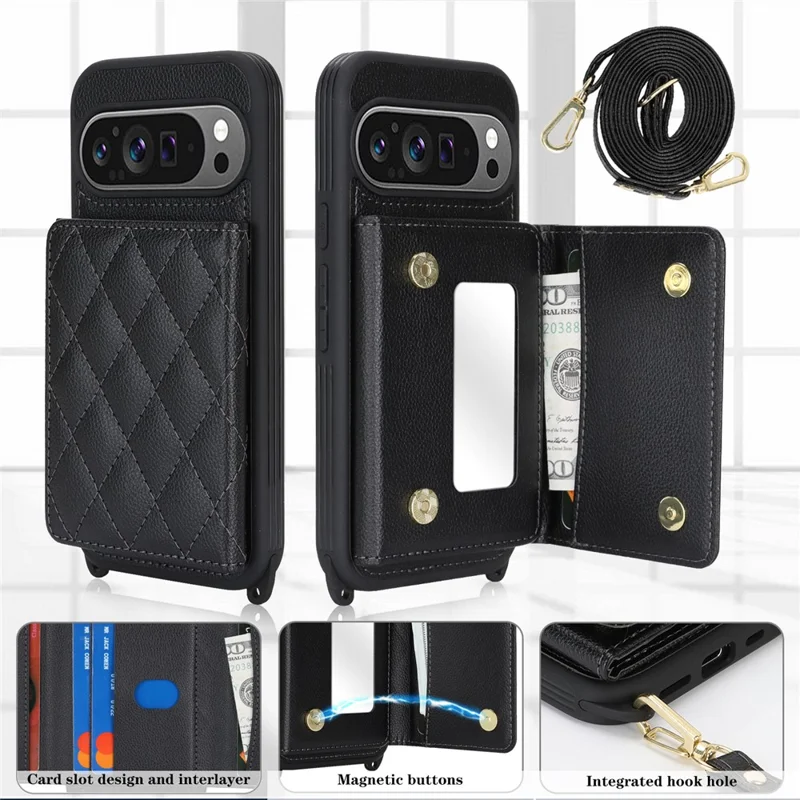 Phone Case For Google Pixel 10  /  10 Pro with Lanyard   /   Mirror   /   Card Holder Grids Pattern RFID Blocking Phone Cover - Black