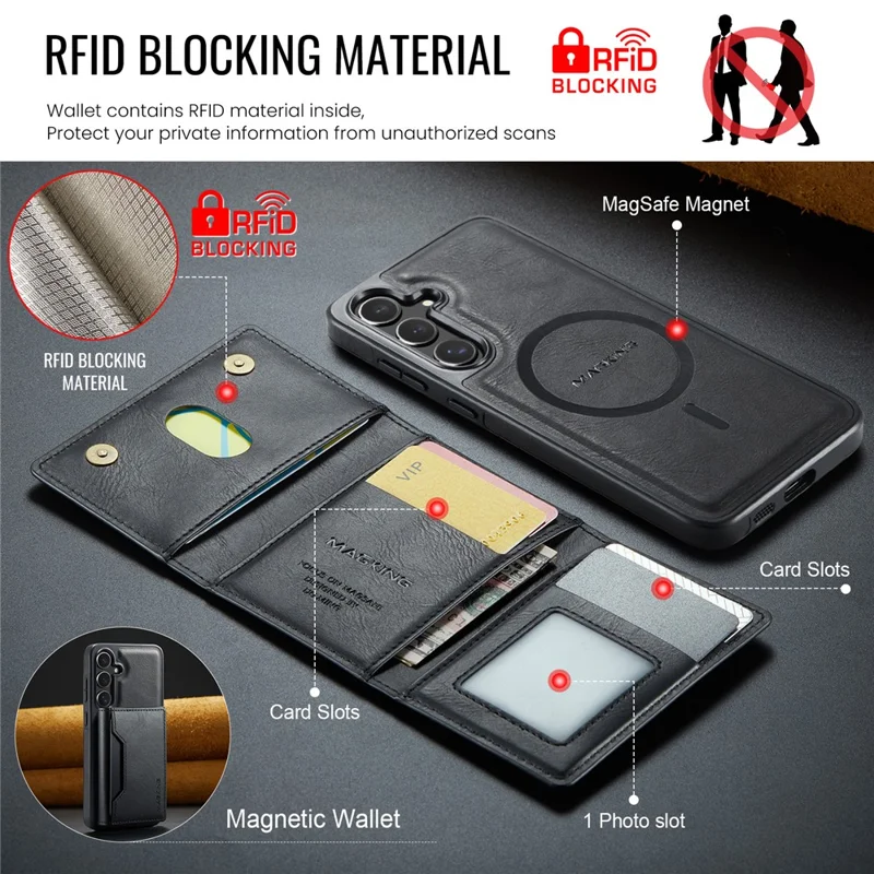 MAGKING K2 Series For Samsung Galaxy S26  /  S26 Pro Magnetic Case PC + TPU + PU Phone Cover with RFID Blocking Wallet - Black