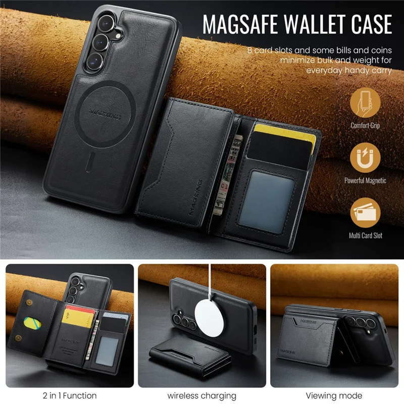 MAGKING K2 Series For Samsung Galaxy S26+ Magnetic Case PC + TPU + PU Phone Cover with RFID Blocking Wallet - Black