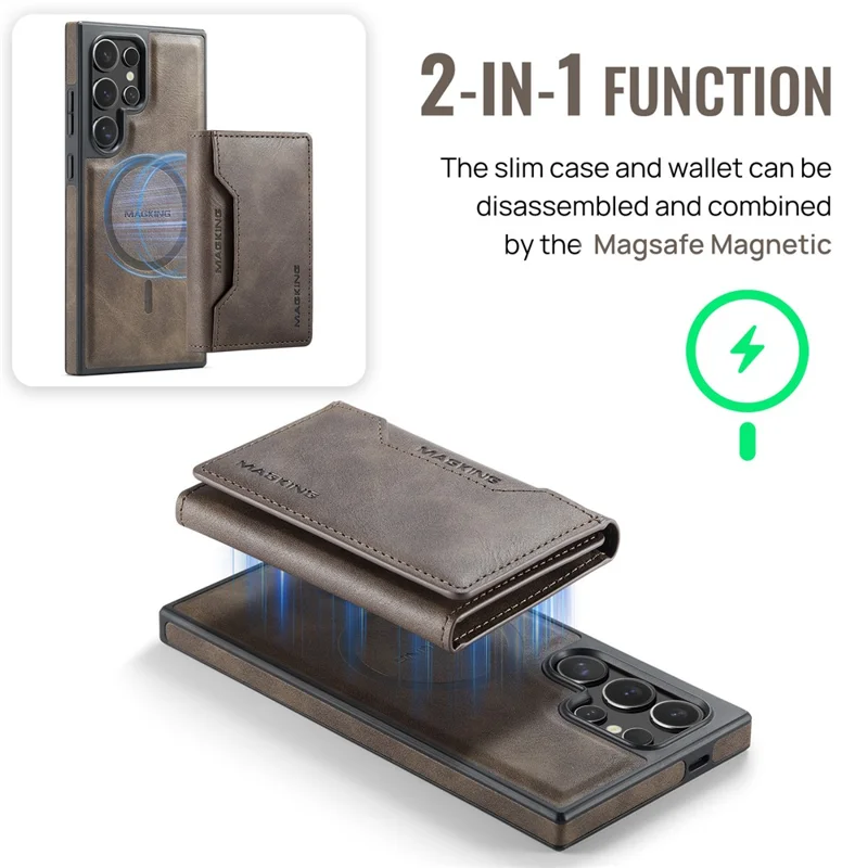 MAGKING K2 Series For Samsung Galaxy S26 Ultra Magnetic Case PC + TPU + PU Phone Cover with RFID Blocking Wallet - Coffee