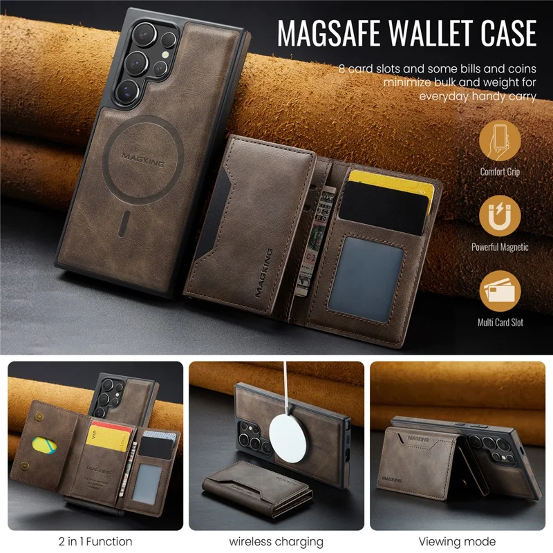 MAGKING K2 Series For Samsung Galaxy S26 Ultra Magnetic Case PC + TPU + PU Phone Cover with RFID Blocking Wallet - Coffee