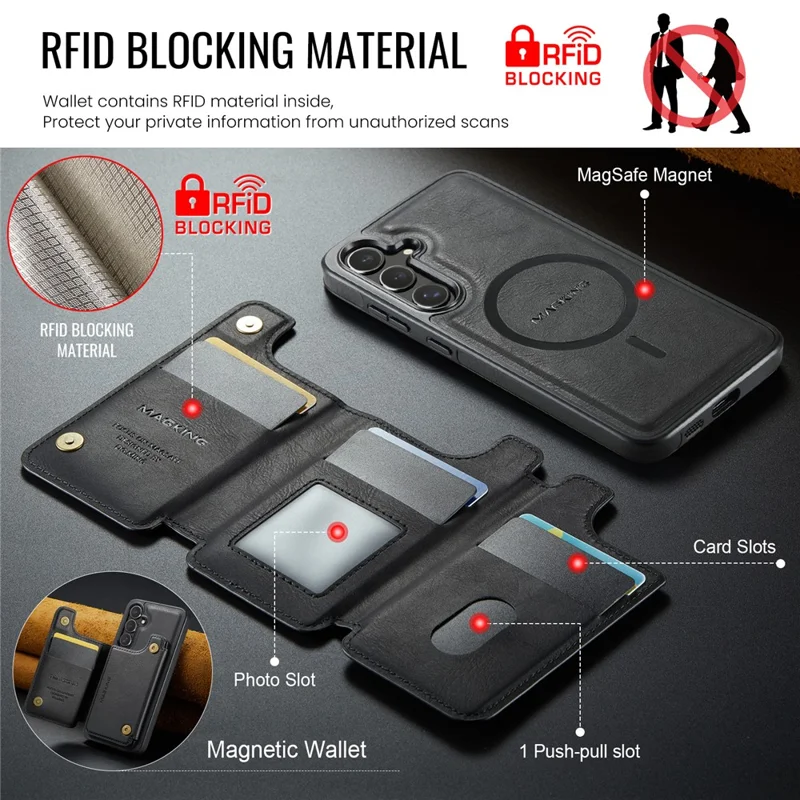 MAGKING K3 Series For Samsung Galaxy S26+ Magnetic Case Detachable Wallet PC + TPU + PU Phone Cover - Black
