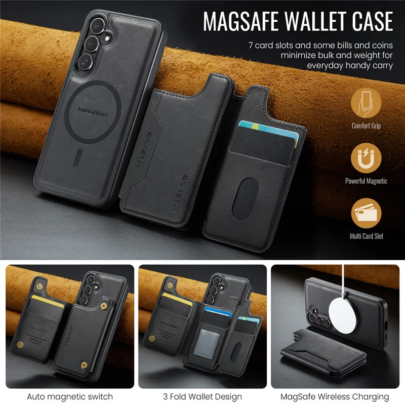 MAGKING K3 Series For Samsung Galaxy S26+ Magnetic Case Detachable Wallet PC + TPU + PU Phone Cover - Black