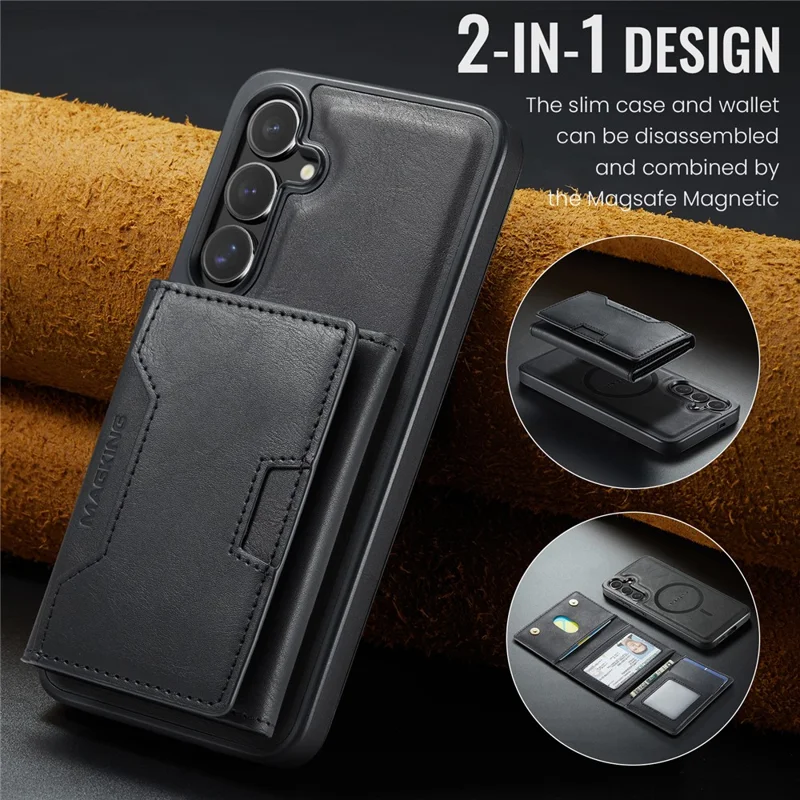 MAGKING K4 Series For Samsung Galaxy S26+ Magnetic Case Detachable Wallet PU TPU PC Phone Cover - Black