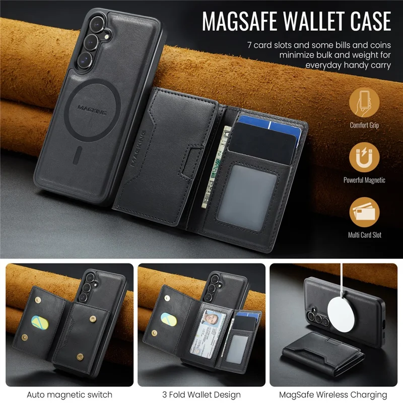 MAGKING K4 Series For Samsung Galaxy S26+ Magnetic Case Detachable Wallet PU TPU PC Phone Cover - Black