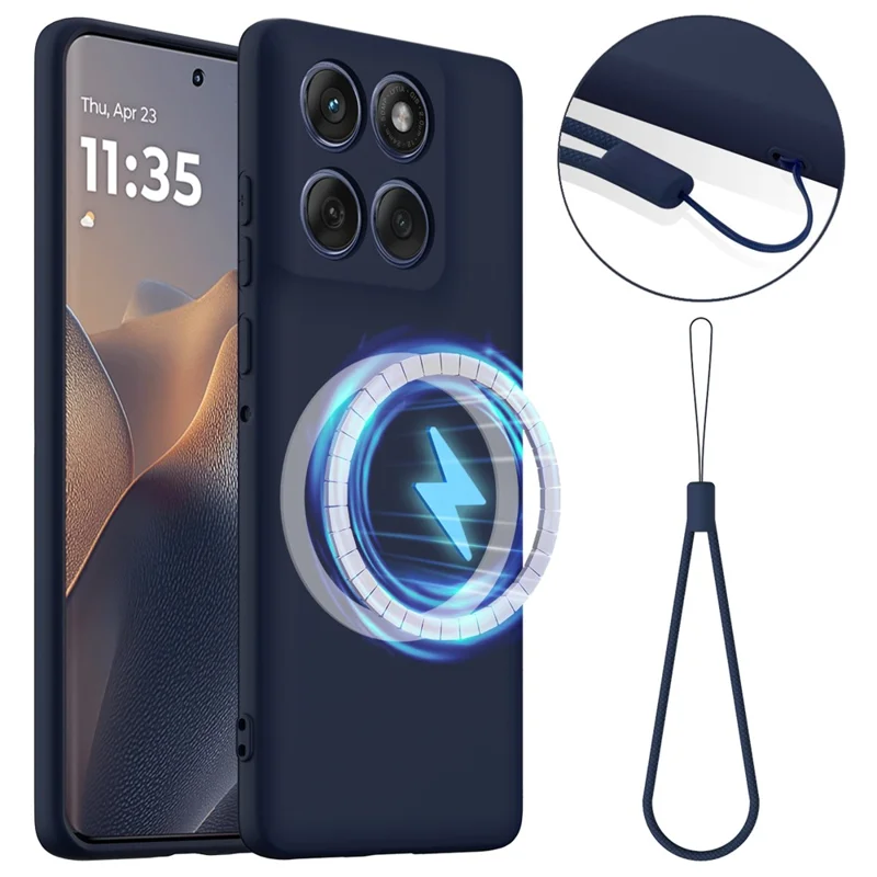 For Motorola Edge 70 5G Magnetic Case Anti-Drop Liquid Silicone Phone Cover with Lanyard - Dark Blue