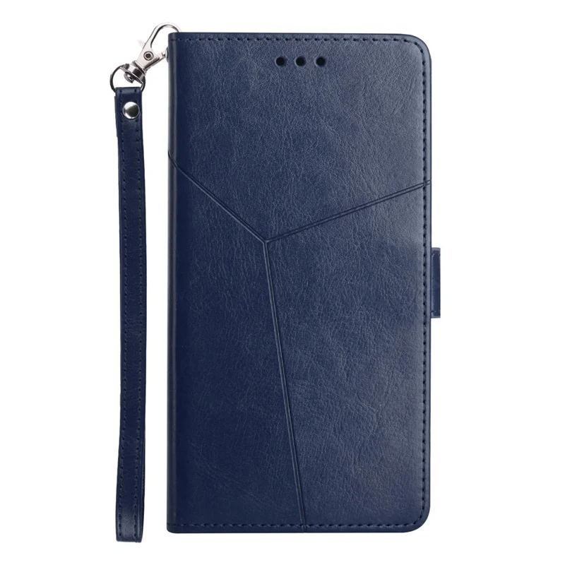 HT01 PU Leather Flip Phone Cover for Realme 10 Pro+ 5G, Imprinted Y-Shaped Lines Phone Case Wallet Foldable Stand Shell with Strap - Blue