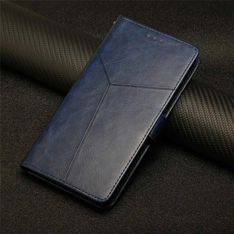 HT01 PU Leather Flip Phone Cover for Realme 10 Pro+ 5G, Imprinted Y-Shaped Lines Phone Case Wallet Foldable Stand Shell with Strap - Blue