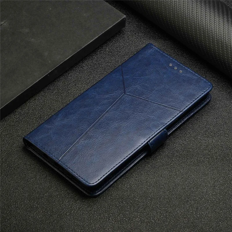 HT01 PU Leather Flip Phone Cover for Realme 10 Pro+ 5G, Imprinted Y-Shaped Lines Phone Case Wallet Foldable Stand Shell with Strap - Blue