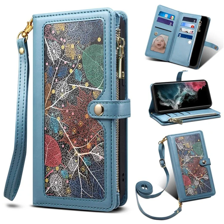 ESEBLE Shockproof Case for Samsung Galaxy S22 Ultra 5G Leather Folio Flip Cover RFID Blocking Wallet Phone Case with Stand - Blue