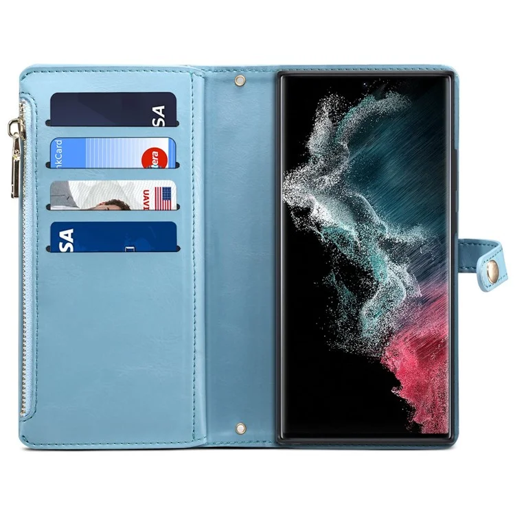 ESEBLE Shockproof Case for Samsung Galaxy S22 Ultra 5G Leather Folio Flip Cover RFID Blocking Wallet Phone Case with Stand - Blue