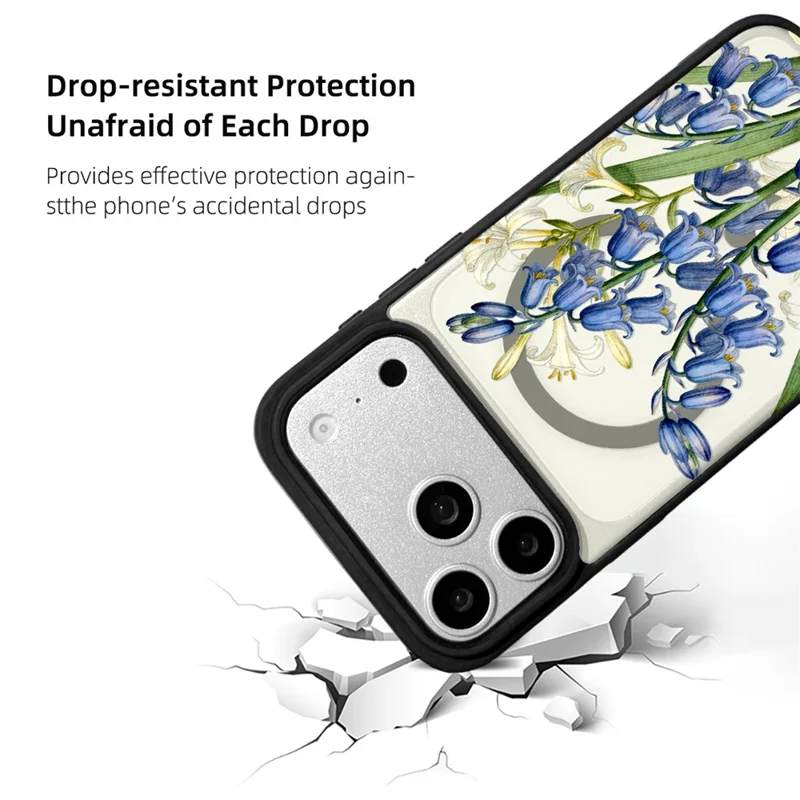 EYCASE Coque pour iPhone 17 Pro Max Compatible avec MagSafe Série Floral Imprimé Motif Noir Bords TPU + Acrylique - Lys et Clochettes