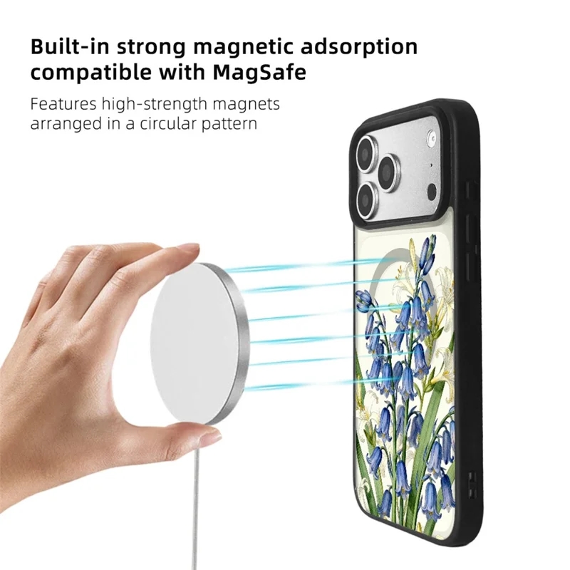 EYCASE Coque pour iPhone 17 Pro Max Compatible avec MagSafe Série Floral Imprimé Motif Noir Bords TPU + Acrylique - Lys et Clochettes