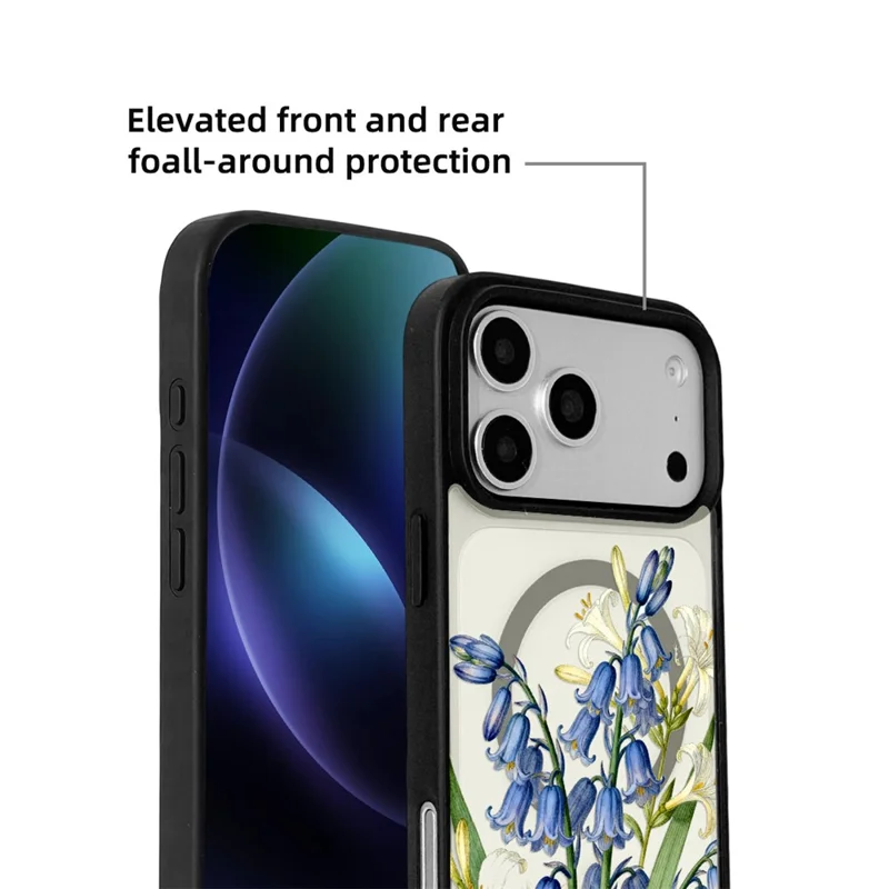 EYCASE Coque pour iPhone 17 Pro Max Compatible avec MagSafe Série Floral Imprimé Motif Noir Bords TPU + Acrylique - Lys et Clochettes