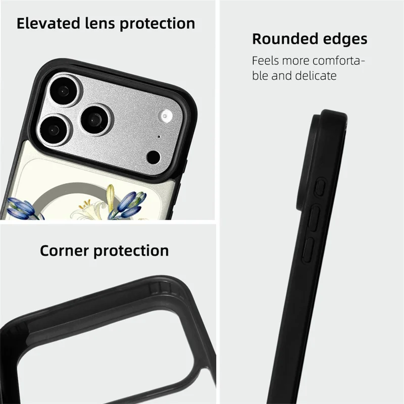 EYCASE Coque pour iPhone 17 Pro Max Compatible avec MagSafe Série Floral Imprimé Motif Noir Bords TPU + Acrylique - Lys et Clochettes