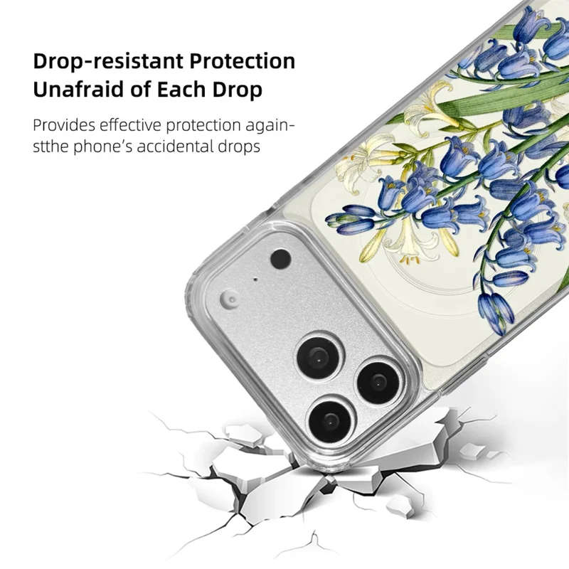 EYCASE Coque pour iPhone 17 Pro Max Compatible avec MagSafe Série Floral Imprimé Motif TPU + Acrylique Transparent - Lys et Clochettes