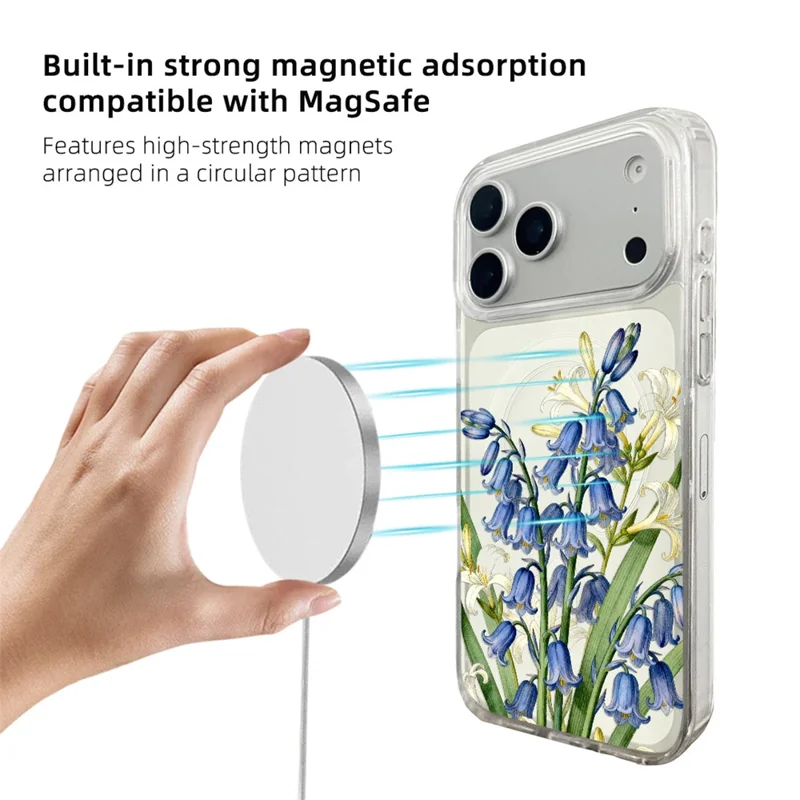 EYCASE Coque pour iPhone 17 Pro Max Compatible avec MagSafe Série Floral Imprimé Motif TPU + Acrylique Transparent - Lys et Clochettes