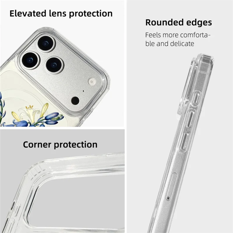 EYCASE Coque pour iPhone 17 Pro Max Compatible avec MagSafe Série Floral Imprimé Motif TPU + Acrylique Transparent - Lys et Clochettes