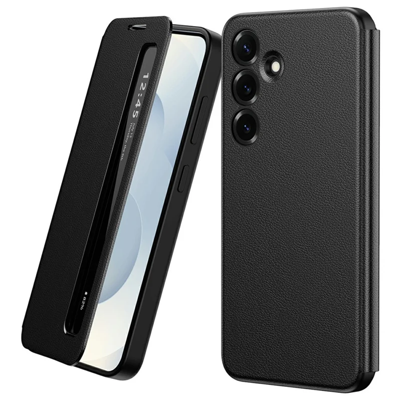 Coque pour Samsung Galaxy S25 avec fenêtre intelligente, housse en cuir avec affichage - Noir