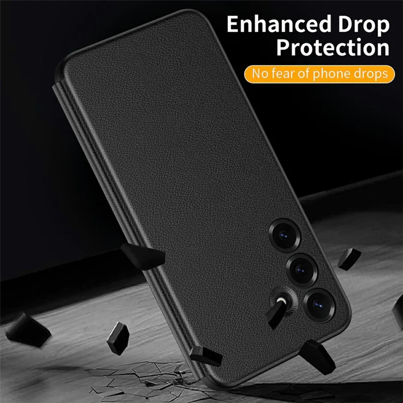 Coque pour Samsung Galaxy S25 avec fenêtre intelligente, housse en cuir avec affichage - Noir