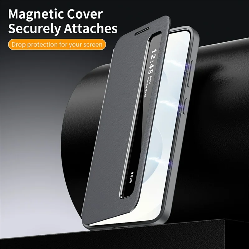 For Samsung Galaxy S25 Case Smart View Window Leather Phone Cover - Grey