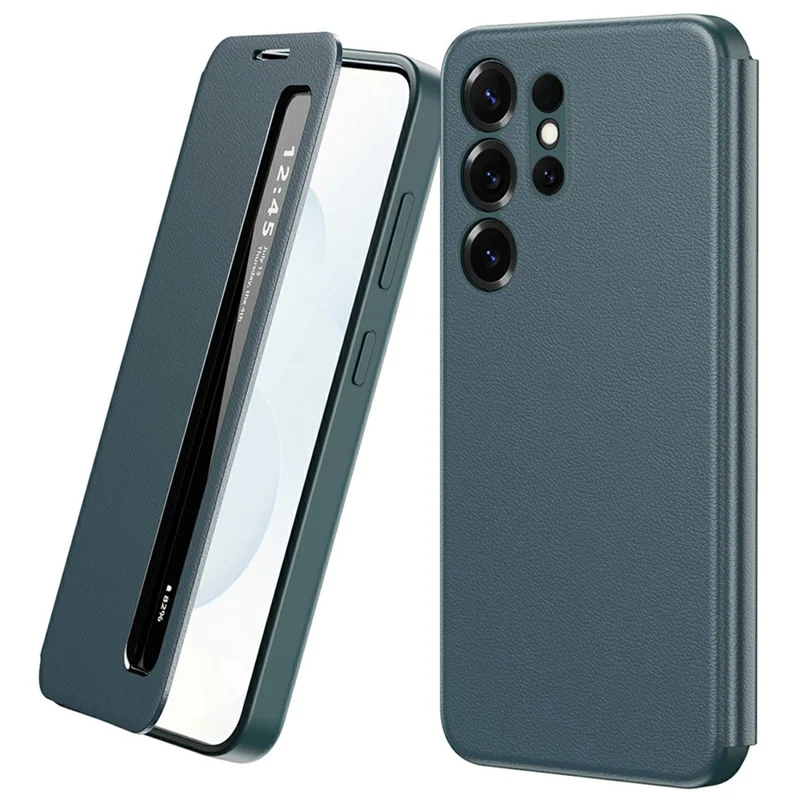 Étui pour Samsung Galaxy S22 Ultra 5G avec fenêtre d'affichage intelligente, housse en cuir - Vert