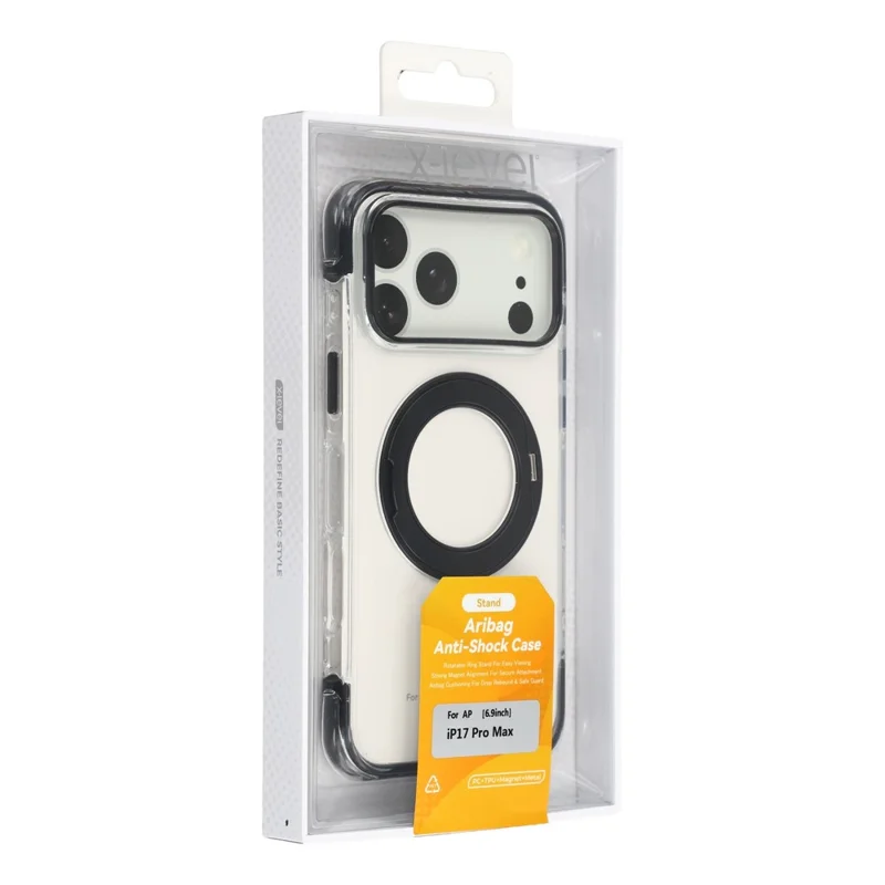 X-LEVEL для iPhone 17 Pro Max магнитный чехол с поворотной подставкой, ударопрочный чехол из поликарбоната + ТПУ с воздушной подушкой - черный