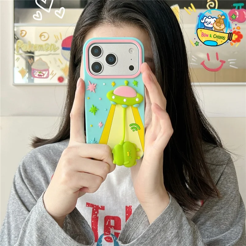 For iPhone 17 Pro Max Case Cute 3D UFO Alien Pendant Design Shockproof Silicone Phone Back Cover