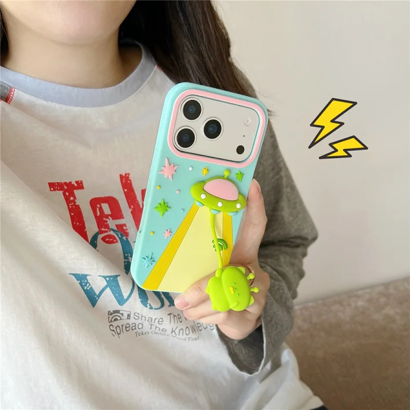 For iPhone 17 Pro Max Case Cute 3D UFO Alien Pendant Design Shockproof Silicone Phone Back Cover