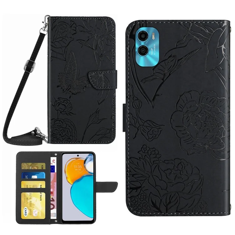 Couverture de Téléphone HT03 Pour Motorola Moto E22s 4G / E32 (inde) 4G, Support de Papillon Imprimé de Papillons Tactile Put Sedet de Téléphone en Cuir - le Noir