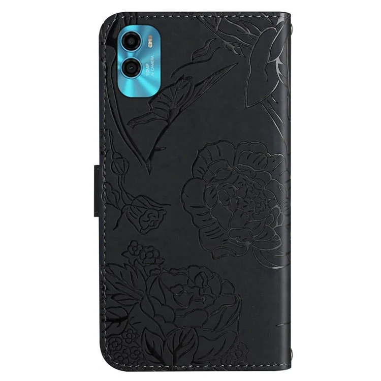 Couverture de Téléphone HT03 Pour Motorola Moto E22s 4G / E32 (inde) 4G, Support de Papillon Imprimé de Papillons Tactile Put Sedet de Téléphone en Cuir - le Noir