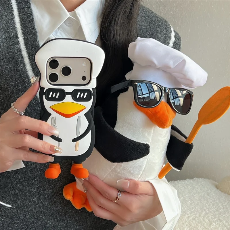 Cover per iPhone 17 Pro Max, Carino Design 3D a Cartone Animato di un Pingüino Chef, Custodia Posteriore in Silicone Antiurto