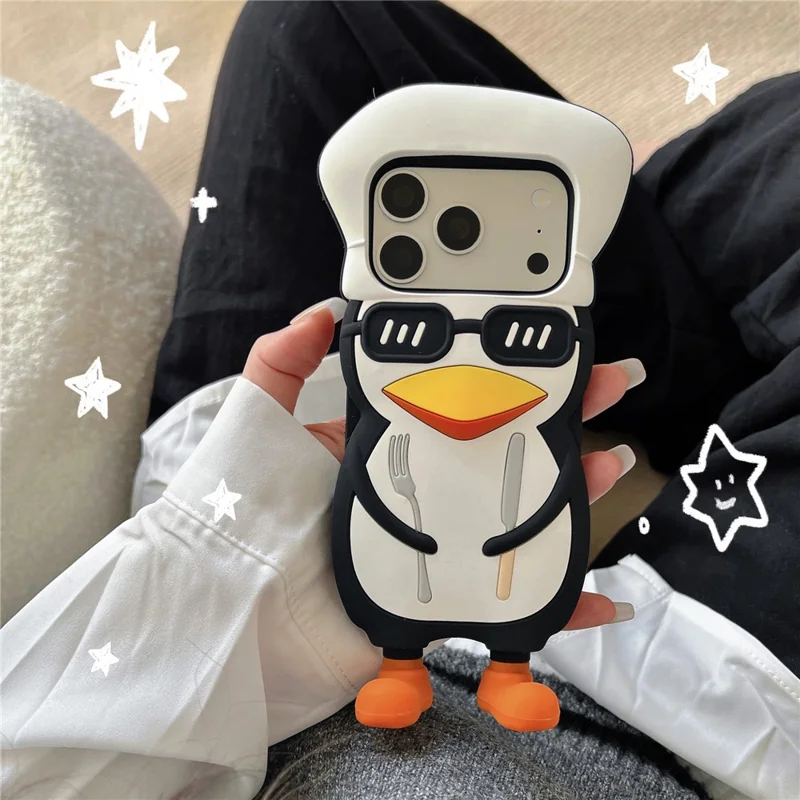 Cover per iPhone 17 Pro Max, Carino Design 3D a Cartone Animato di un Pingüino Chef, Custodia Posteriore in Silicone Antiurto