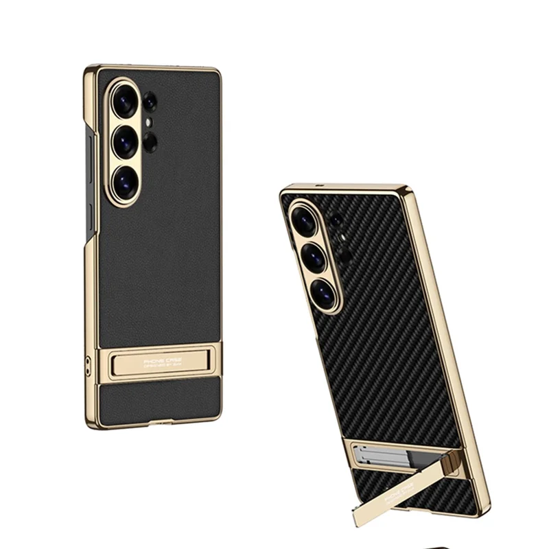 GKK Étui pour Samsung Galaxy S26 Ultra Support intégré électroplacage Cuir PU Arrière rigide en PC - Texture fibre de carbone