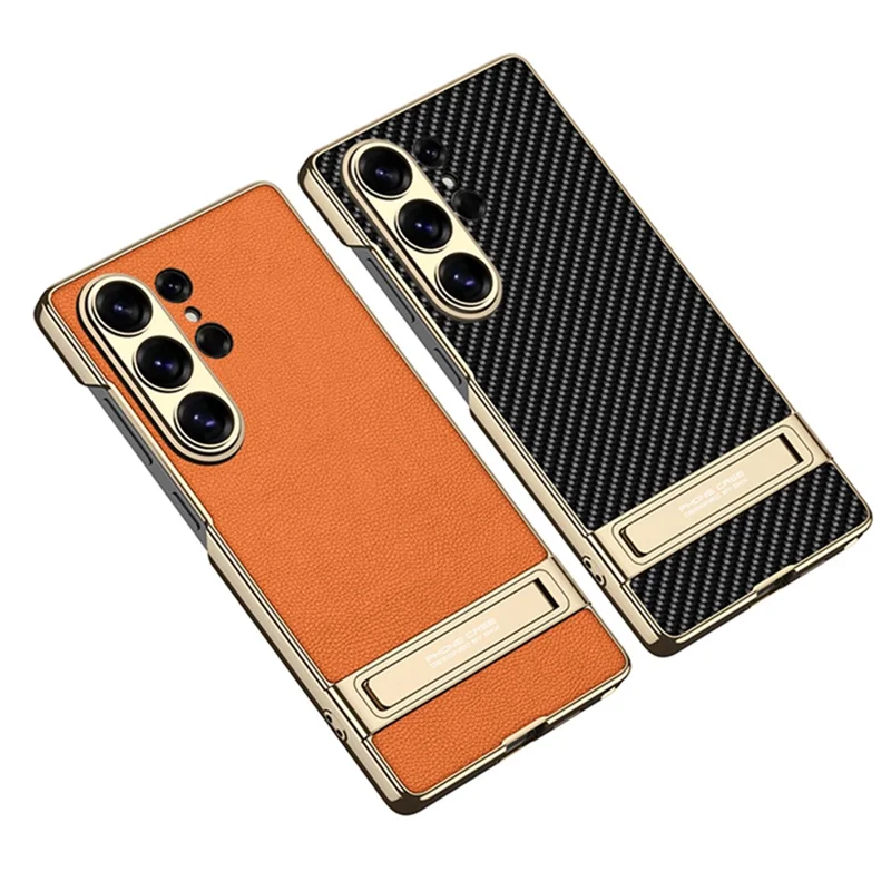 GKK Étui pour Samsung Galaxy S26 Ultra Support intégré électroplacage Cuir PU Arrière rigide en PC - Texture fibre de carbone