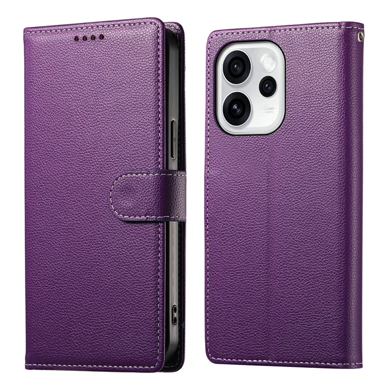 For Oppo Reno15 Pro 5G (Global) / Reno15 5G (China) Case Magnetic Snap Litchi Texture Leather Wallet Phone Cover with Wrist Strap - Purple