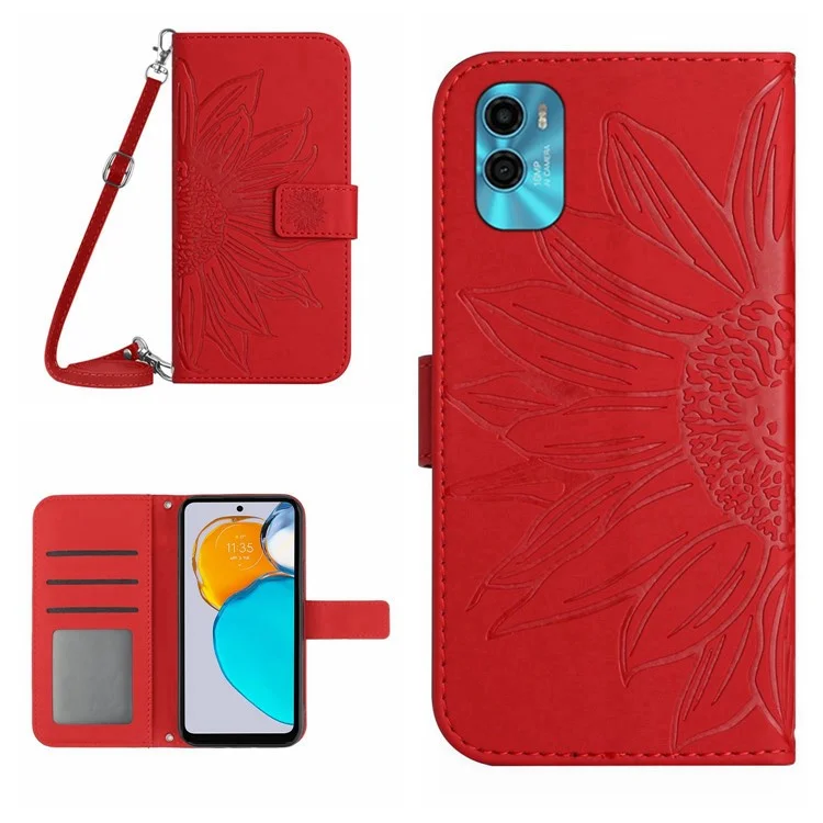 Pour Motorola Moto E22s 4G / E32 (inde) 4G HT04 Empreinte Digitale Free PU le Cuir Stand Case de Tournesol Portefeuille Empreinte Couverture Téléphonique Magnétique de la Peau de la Peau Avec Bandoulière Avec Bandoulière - Rouge
