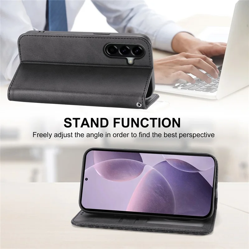 For Samsung Galaxy A57 5G Case Calf Texture PU Leather Wallet Phone Cover with Wrist Strap - Black