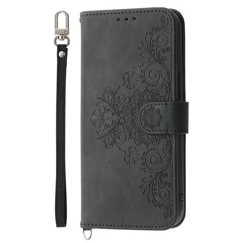 Étui pour Samsung Galaxy A37 avec motif floral, housse portefeuille en cuir PU avec dragonne - Noir