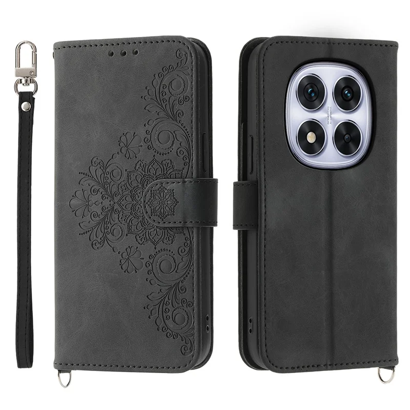 Cover per Xiaomi Redmi Note 15 Pro 4G (Global) con Fiore in Pelle PU, Portafoglio con Tracolla - Nero