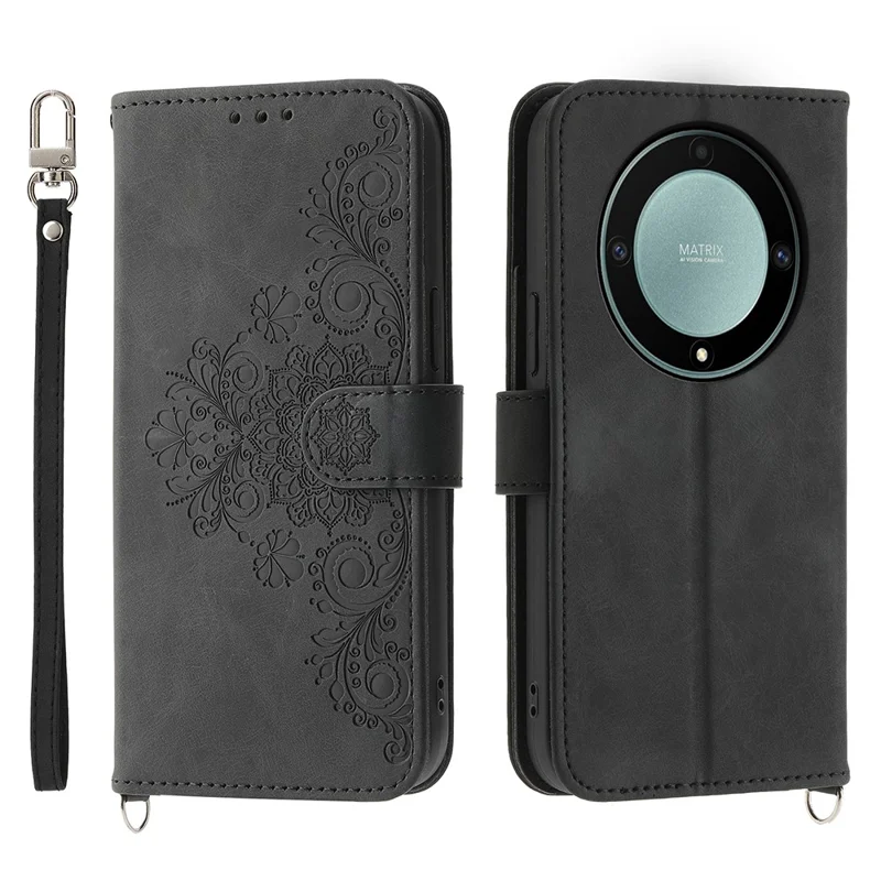 Phone Case For Honor Magic8 Lite 5G  /  X70 5G  /  X9d 5G Flower Pattern PU Leather Wallet Cover with Strap - Black