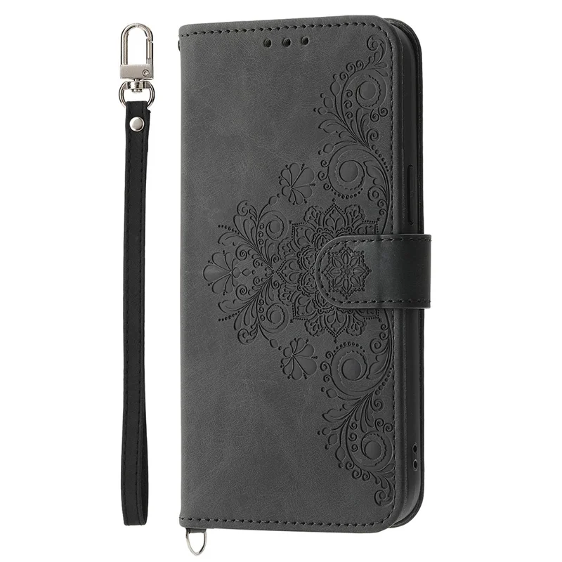Phone Case For Honor Magic8 Lite 5G  /  X70 5G  /  X9d 5G Flower Pattern PU Leather Wallet Cover with Strap - Black