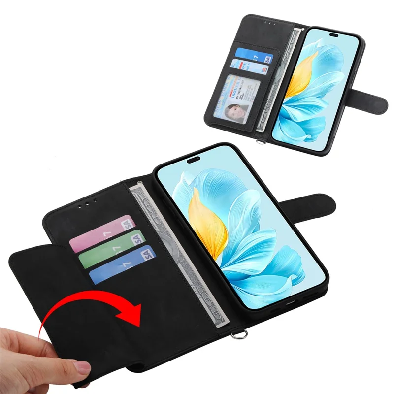 Phone Case For Honor Magic8 Lite 5G  /  X70 5G  /  X9d 5G Flower Pattern PU Leather Wallet Cover with Strap - Black