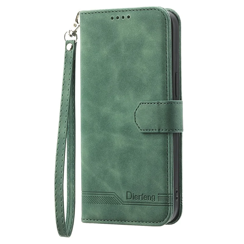 Funda de cuero DIERFENG DF-03 para Oppo Reno15 Pro 5G con diseño de líneas, billetera con correa de muñeca - Verde